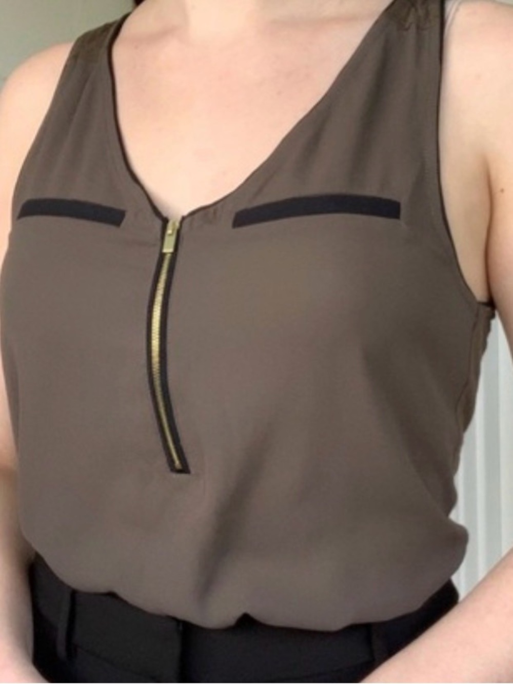 Express Hudson Olive Tank with Front Gold Zip and Black Trim S